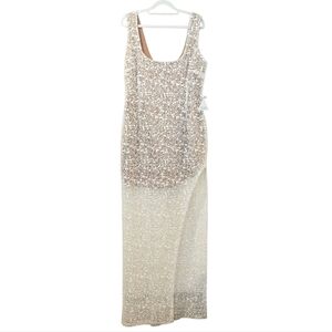 Nadine Merabi Louisa Beaded White Nude Gown High Slit Dress Size XXL/14